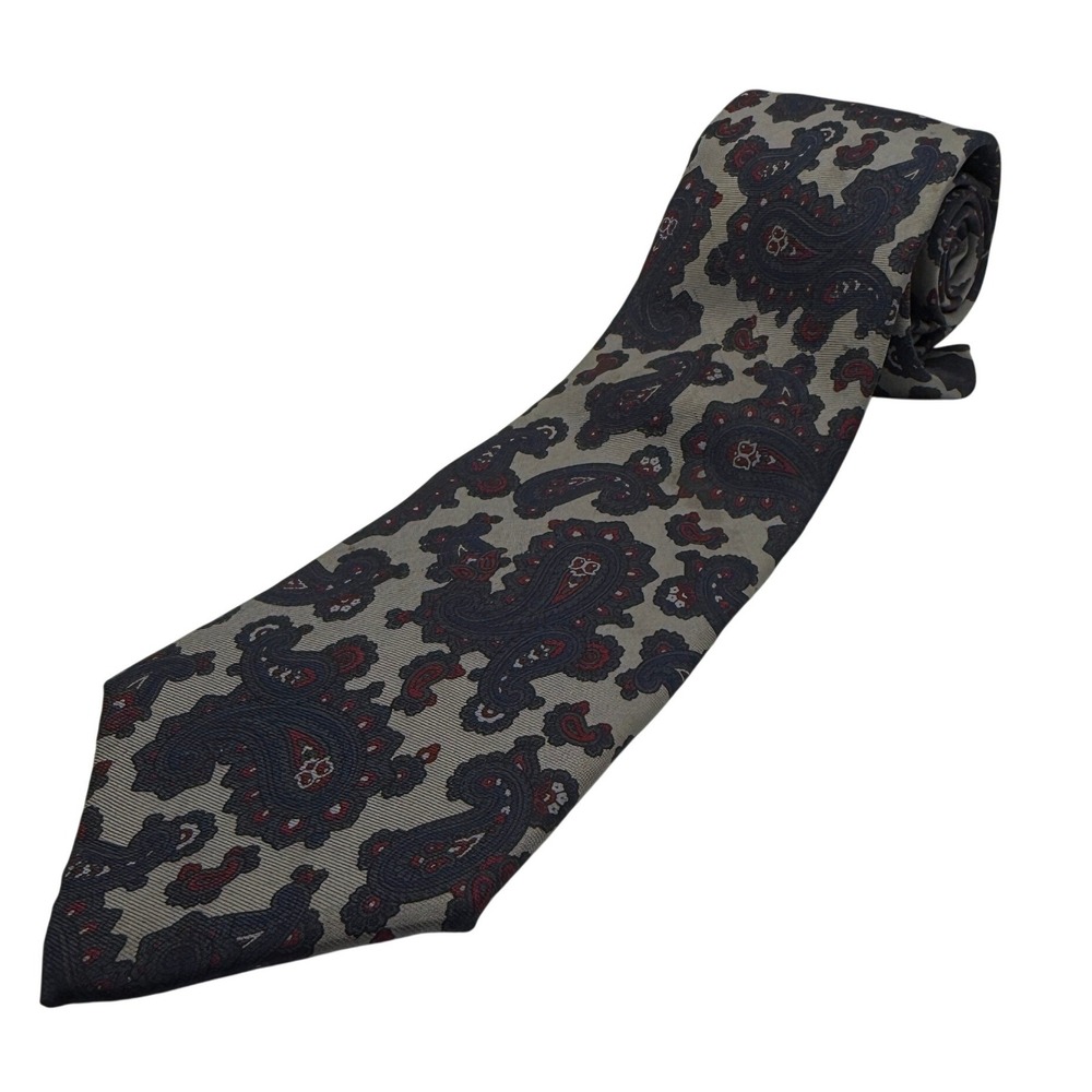 American Traditions Mens Paisley Silk Tie Silver Blue Red Made  USA Italian Silk